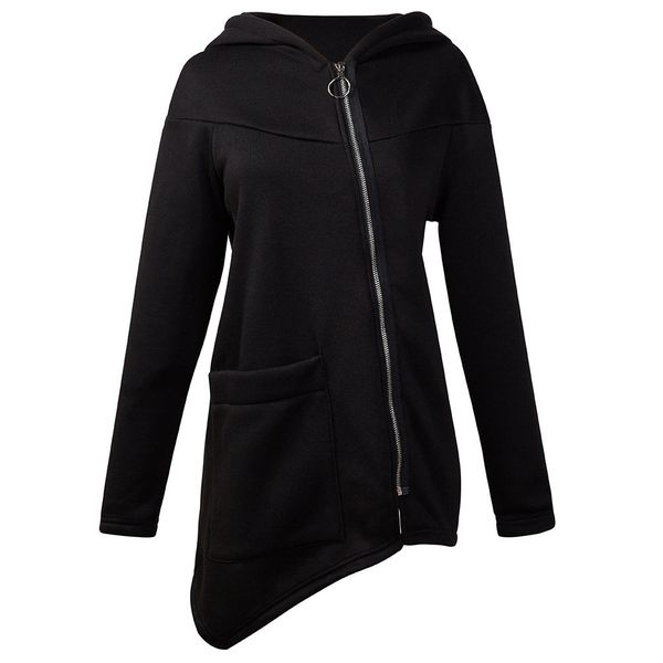 

soft women hoodie causal with pocket warm easy wear polyester solid long sleeve winter zipper closure loose casual irregular hem, Black