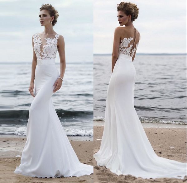 

элегантный sheer сетки лучшие шифон русалка свадебные платья 2019 кружева аппликации summer beach свадебные платья с пуговицами, White