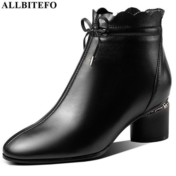 

allbitefo natural genuine leather women boots butterfly-knot comfortable ankle boots autumn winter fashion girls round toe, Black