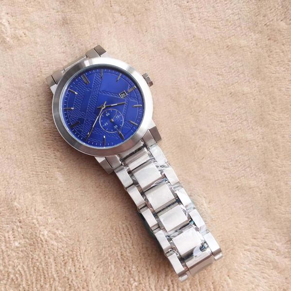 

fashion 2020 men wristwatch 42mm british style quartz chronograph date mens watch watches silver stainless steel bracelet blue dial, Slivery;brown