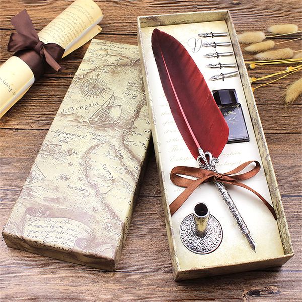 

calligraphy feather pen dip fountain pen quill set retro gift box inclue ink 5 replacement nibs metal carving holder
