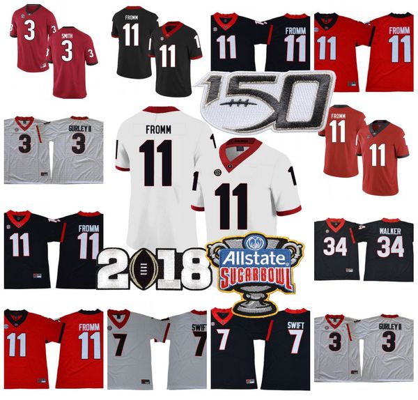 

ncaa georgia bulldogs uga football #11 jake fromm 7 dandre swift 3 todd gurley ii herchel walker 150th jerseys stitched, Black;red