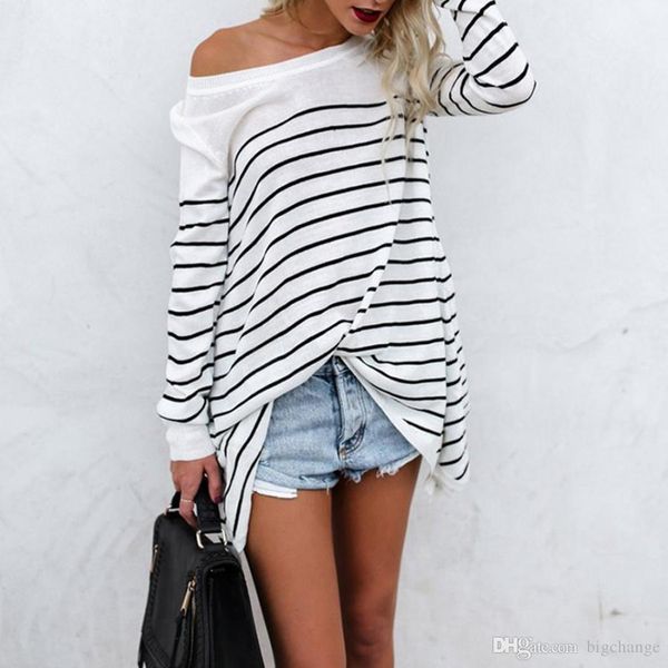 

fashion women girls casual stripe printed long sleeve loose t-shirt blouse round neck oversize teeblouse autumn streetwear, White