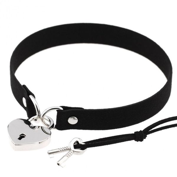 

gothic punk harajuku heart lock velvet leather choker necklace bondage choker collar torques with key women neck jewelry, Silver