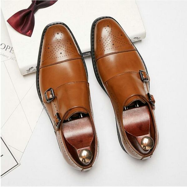 

men genuine leather shoes formal dress double monk buckle straps wedding brogues shoes zapatos hombre a51-05, Black