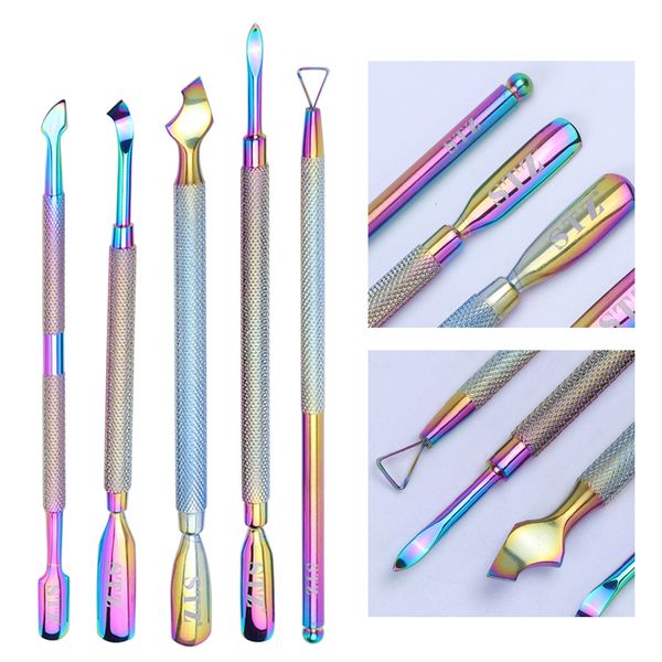 

rainbow color double head rainbow cuticle pusher for manicure remover finger dead skin care tools spoon triange nail art sticks