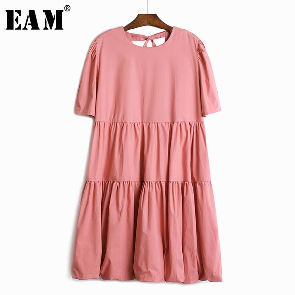 

eam] women back bandage pleated green dress new round neck half lantern sleeve loose fit fashion tide spring summer 2020, Black;gray