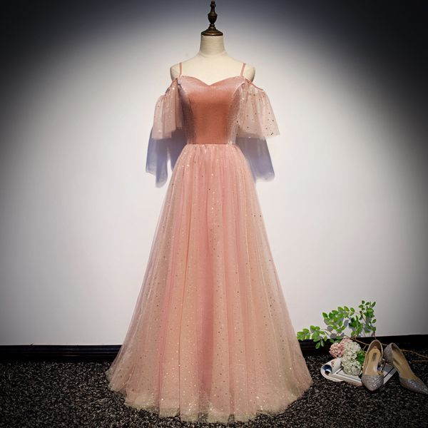 

sweet sequins pink prom dresses with poet short sleeve lace spaghetti prom dresses illusion bodice formal prom dresses for gathering party, Black