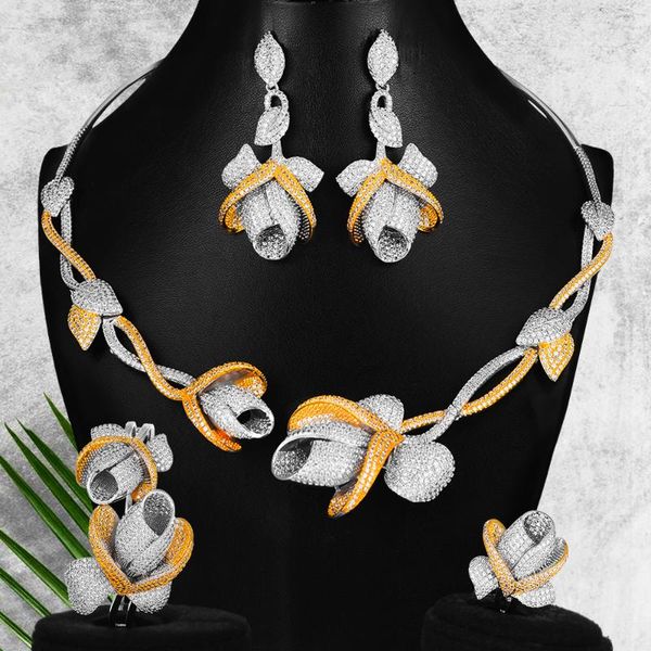 

godki new luxury flowers 4pcs african bridal zircon cz jewelry sets for women wedding dubai nigeria crystal party jewelry set, Silver