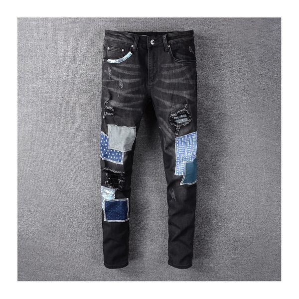 

mens designer jeans fashion tight pants luxury patchwork washed jean for womens high st brand hiphop wear kanye west 2020 winter new splice, Blue