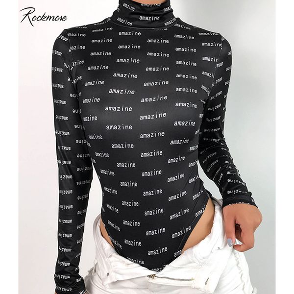 

rockmore bodycon gothic long sleeve bodysuit women turtleneck letter printed ladies jumpsuits bodysuits playsuits autumn winter, Black;white