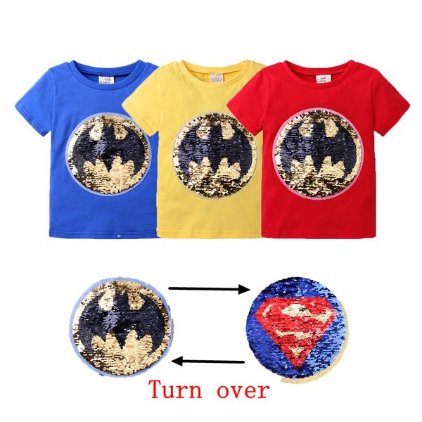 

роскошный дизайнер реверсивные блестящие блестки высокое качество мальчики девочки футболка мода лето короткие sleever 100% хлопок мультфиль, Blue