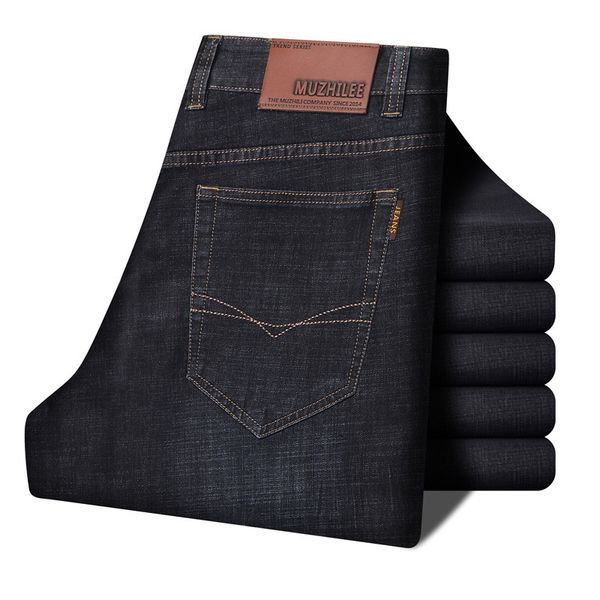 

mens designer muzhilee business straight jeans elastic loose middle waist casual youth pants, Blue