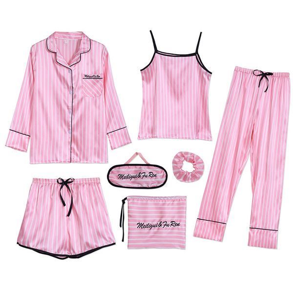 

spring summer 7 pcs set silk elegant 2019 women pajamas print shorts long sleeve elastic waist pants full lounge sleepwear, Blue;gray