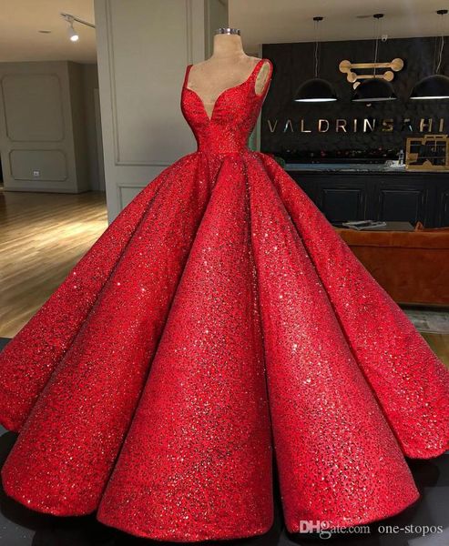 Красный Вечерние платья знаменитостей Спагетти рукавов рябить Sequined бальное платье халат де вечер сшитое выпускного вечера Quinceanera платье