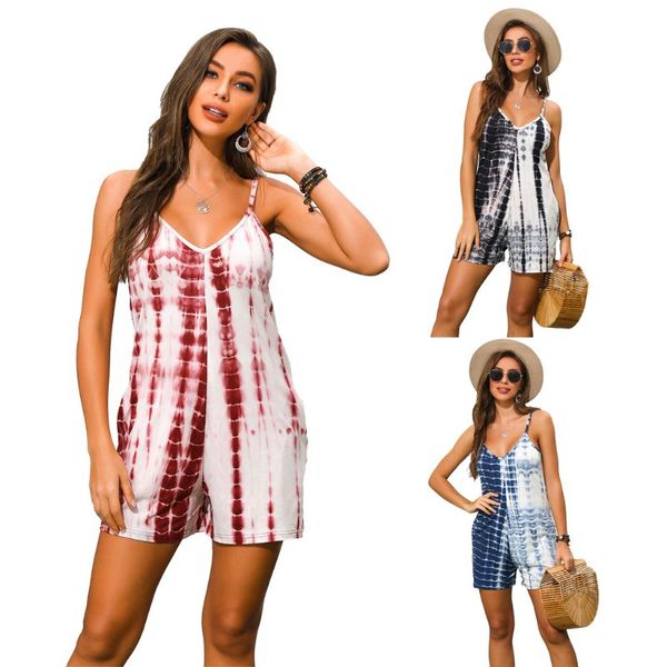 

women sleeveless tie-dye jumpsuit v-neck short rompers loose sling playsuit m6cd, Black;white