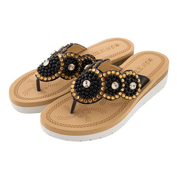 

perimedes flip flops 2019 womenÂ ladiesÂ Â bohemia string bead flat flip-flop beach casual shoes summer zapatos de mujer, Black