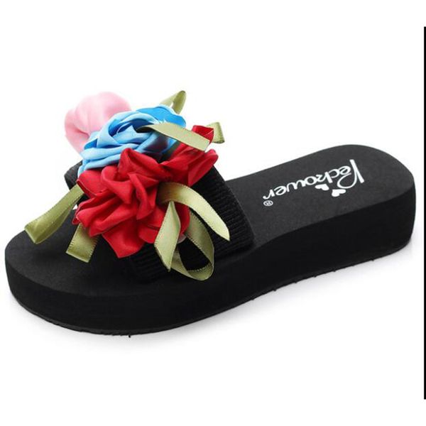 

summer casual women vacation slippers fashion platform wedge woman flowers shoes for female beach non-slip slipper sh64, Black
