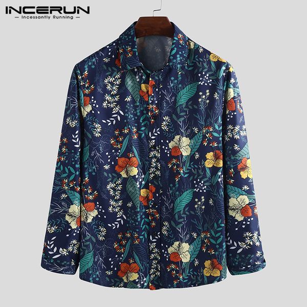 

incerun fashion men shirt floral printed casual long sleeve slim turn-down collar camisa blouse streetwear men hawaiian shirts, White;black