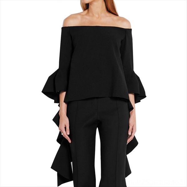 

women's spiral wave trumpet sleeve solid color black and horn white white top