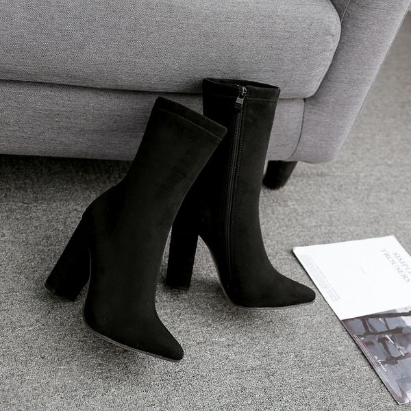 

xek 2019 new flock ankle boots women for autumn winter fashion pointed toe heel zipper woman boots yyj14, Black