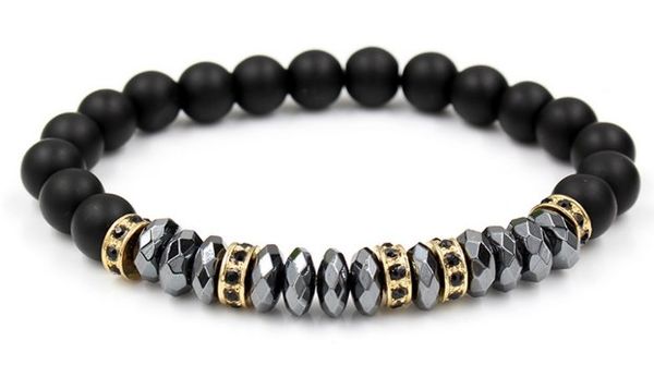 

8mm fs231 elastic adjusted charm nature stone reiki frosted agate onyx gold silver copper cz zircon cubic zirconia bracelet, Black