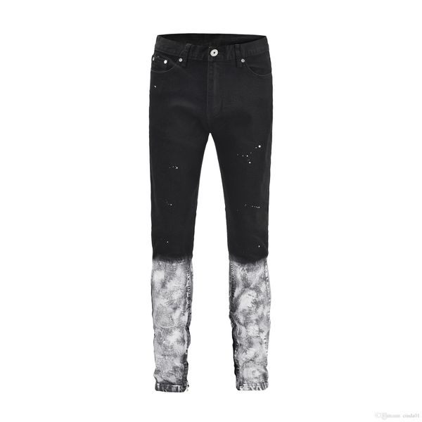

fog men high street hip hop panelled white bottom skinny slim fit vintage ripped black denim jeans, Blue