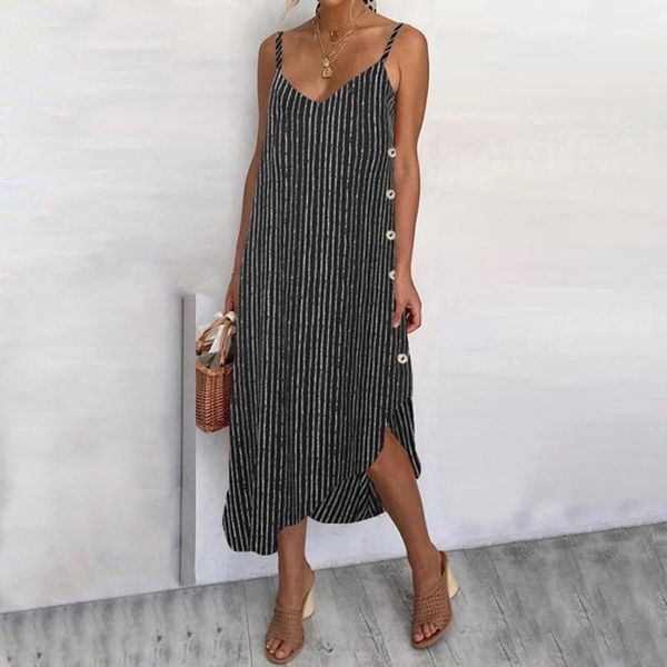 

women sling striped dress low cut v-neck spaghetti straps irregular hem dress elegant party casual long maxi dresses #js5, Black;gray