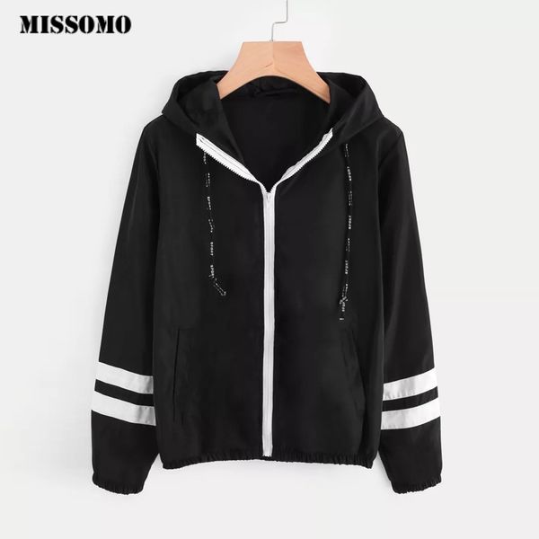 

missomo clothes women long sleeve zipper pockets patchwork thin skinsuits hooded sport coat black windbreaker coats, Black;brown