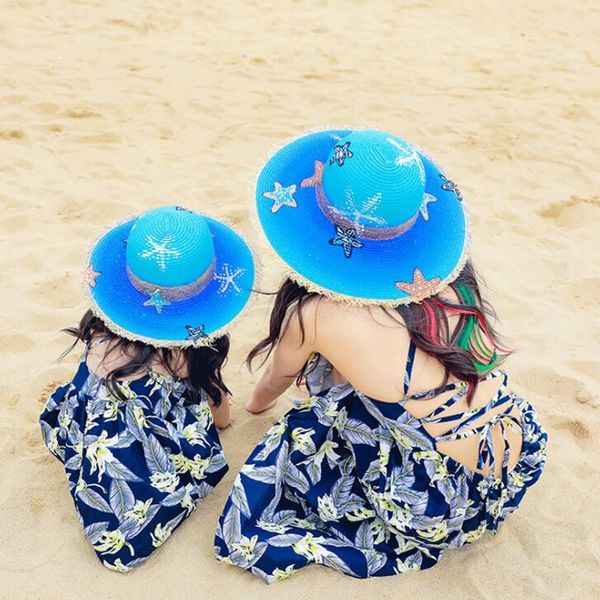 

summer hand painted parent-child straw hats baby girls sun hat mom&daughter beach straw hats h35, Blue;gray