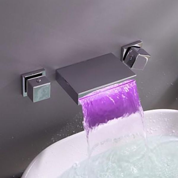

contemporary widespread wall mount waterfall 3 colors led bathroom sink faucet