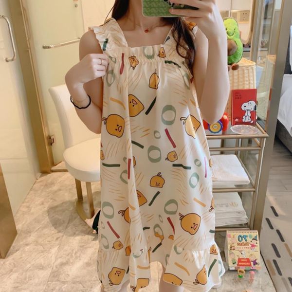 

plus size women nightdress faux silk cartoon printing sleepwear sleeveless wide shoulder spaghetti strap home clothes summer, Black;red