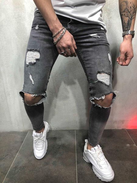 

mens biker jeans new distressed holes design slim fit pencil pants long trousers high street clothing, Blue
