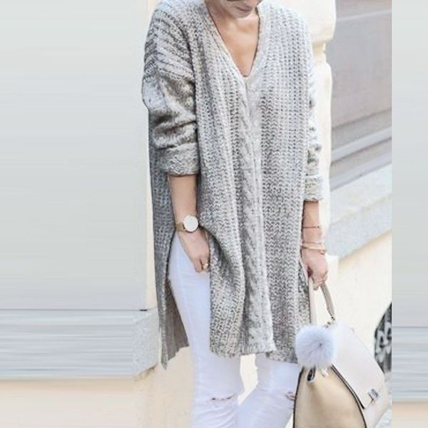 

autumn& winter sweater women's casual loose v-neck long-sleeved solid color long split coat, Black;brown