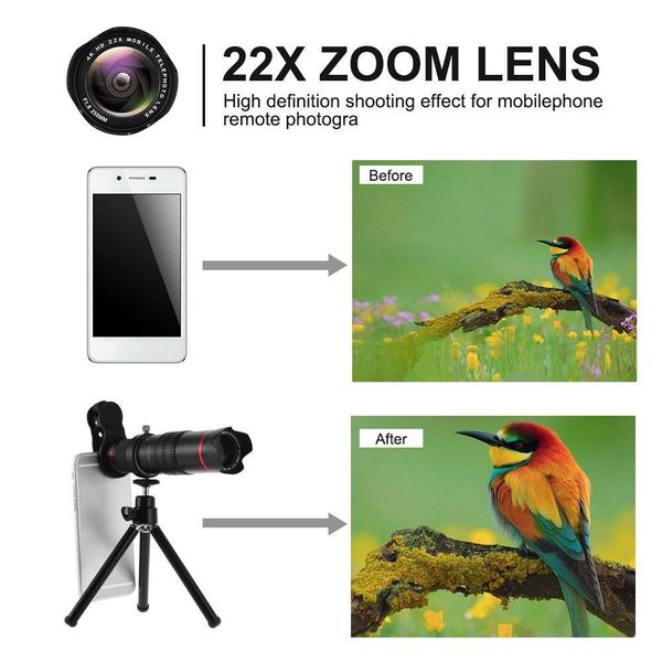 

clip-on phone camera lens kit 22x zoom telep lens mobile phone zoom telescope support naked eye observation with tripod