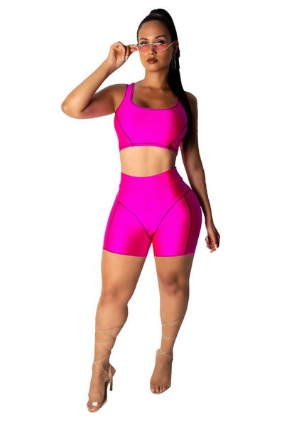 

casual fluorescent color two piece set trim tank crop with shorts tracksuit women bodycon sports suits for women set, White