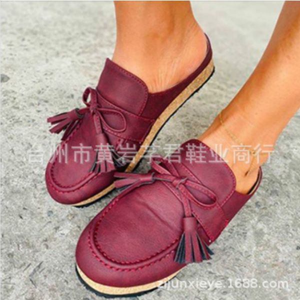 

hkxn 2020 new summer mules shoes women round head low-heeled leisure tassel ladies half dragging foreign trade bowknot sandals t, Black