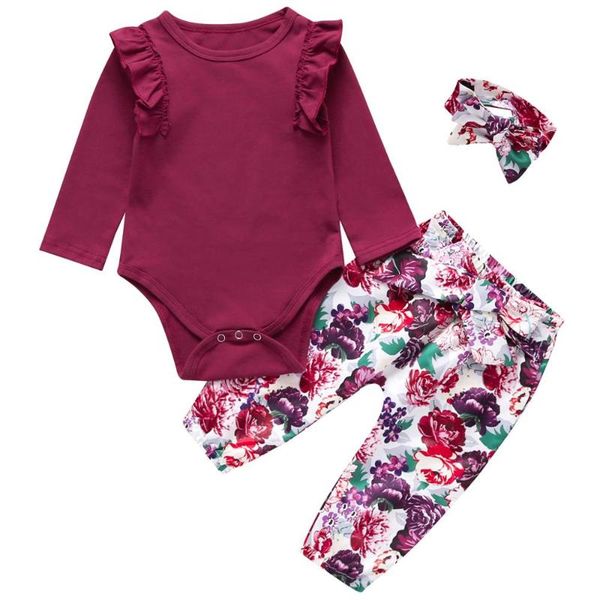 

2019 мода baby girl clothing set красный комбинезон с длинным рукавом +цветочные брюки +повязка на голову новорожденная одежда младенческая, White