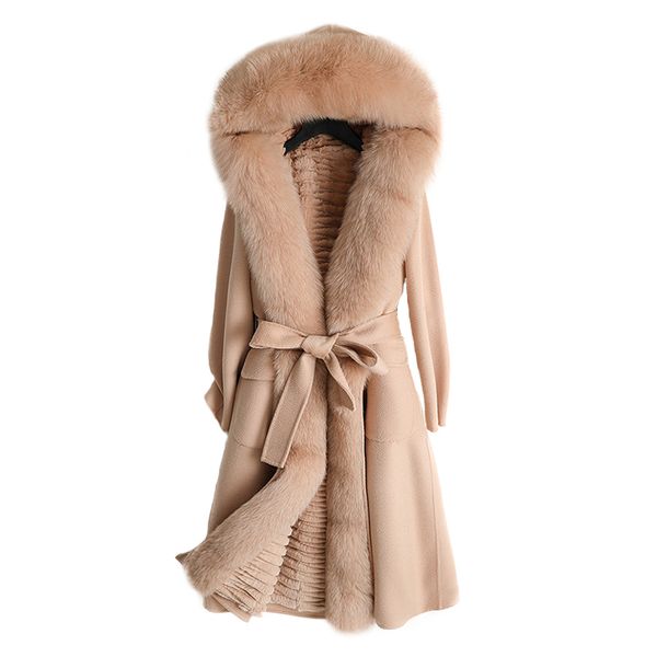 

winter fur coat hooded women warm double side cashmere wool coat long european fashion real fur jacket outwear, Black