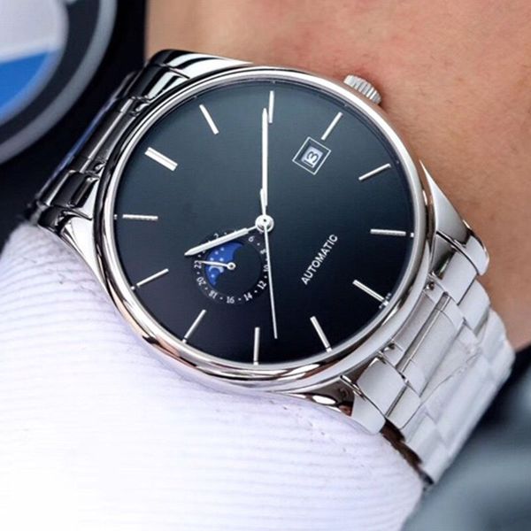 

luxury designer watches 8215 fully automatic mechanical movement auto date moon phase black lettering sapphire mirror steel strap with box, Slivery;brown