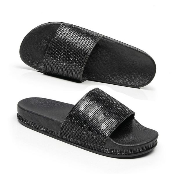 

summer women crystal slippers platform bling shining female slides outside wear large size thick bottom non-slip girls shoes, Black