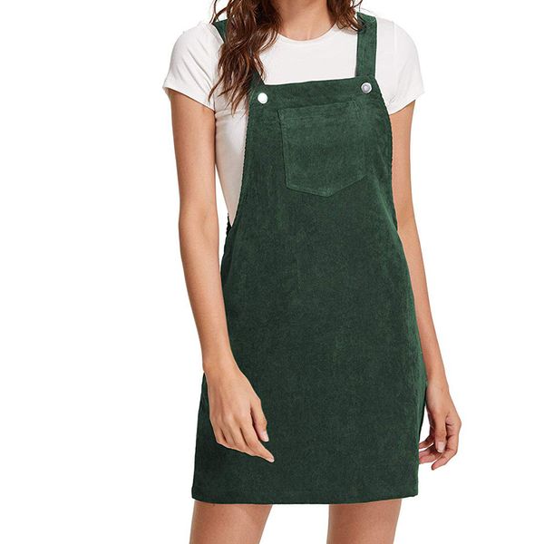 

Autumn Retro Corduroy Vest Overall Women Dress Sarafan Ladies Sleeveless Pocket Suspende Casual Dress Loose Natural Dresses