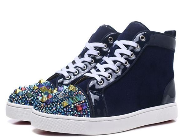 

2019 new designer red bottoms slip-on roller boat casual shoes mens womens suede spike crystal genuine leather sport sneakers party c13, Black