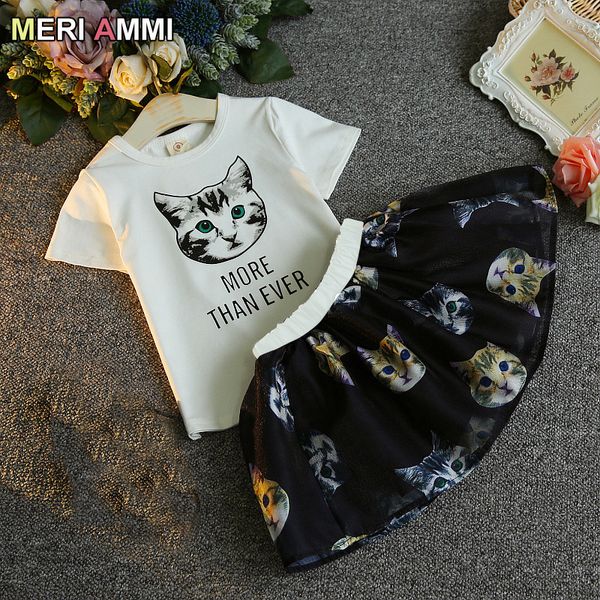 

meri ammi 2 pcs set children girl clothing outfit set short sleeve cartoon cat tee +tutu skirts for 2-9 year girl,j815, White