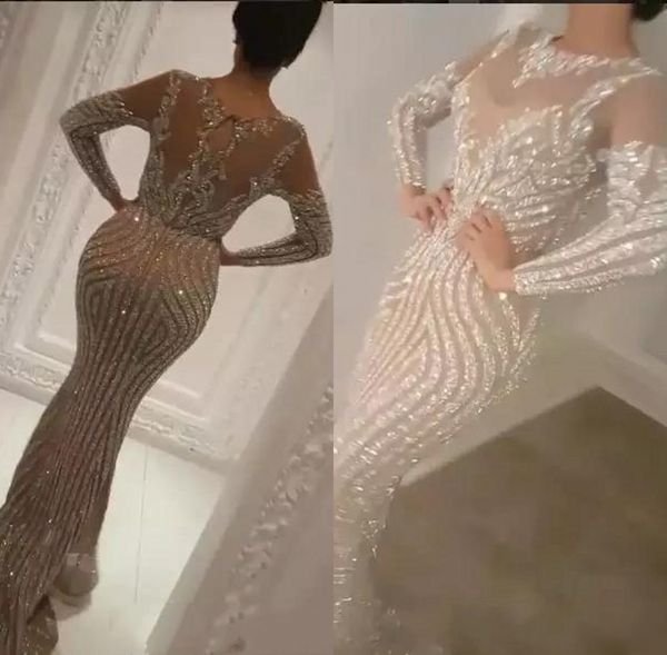 

2019 Long sleeve Dresses Evening Formal Wear Luxury Sequined Evening Gowns Celebrity Prom Dress vestidos de baile Abendkleider robes de bal