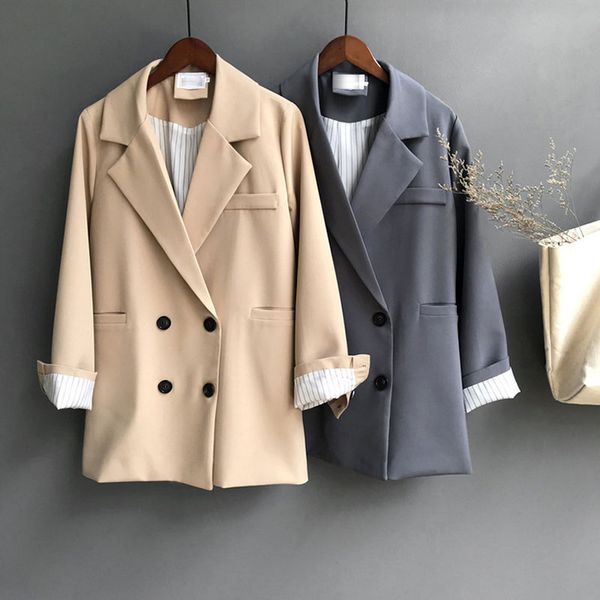 

winter woman blazer jacket coat double breasted cotton chic long suit female khaki blue casual cardigan 2020, White;black