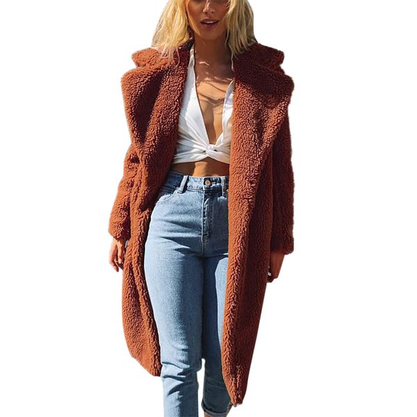 

2019 elegant faux fur coat women autumn winter warm soft long fur jacket female plush overcoat casual teddy outwear plush coat, Black