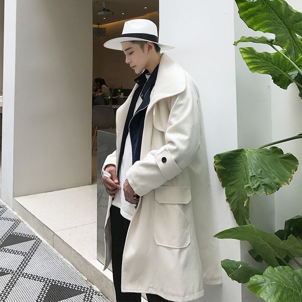 

m- 2018 in autumn and winter, men's woolen coat is loose with a long fashion coat. white fashion windbreaker, Black