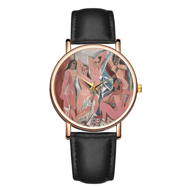 

fashion casual abstract post-impressionism classical art character pattern quartz watch, Slivery;brown