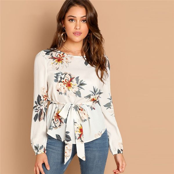 

women blouse woman white flower print belted puff shoulder long sleeve round neck blouse women casual 2019 spring and